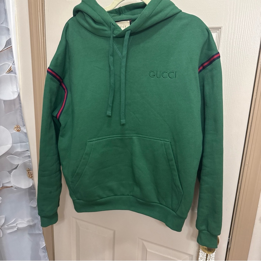 Gucci Forest Green Men's Hoodie with Red Accents Size medium